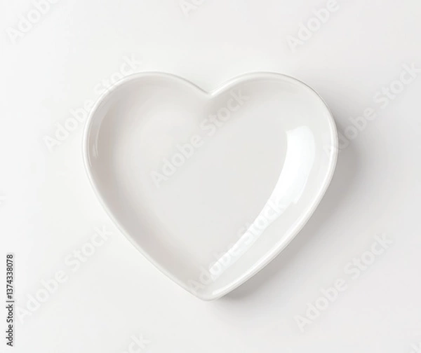 Fototapeta White Heart Shaped Plate on White Background Top View Valentine Concept
