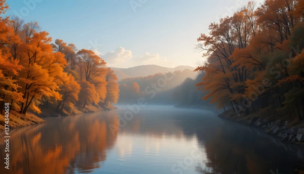 Fototapeta An autumn mountain landscape is beautifully reflected in the still lake, where the sunrise paints the sky with yellow and blue hues