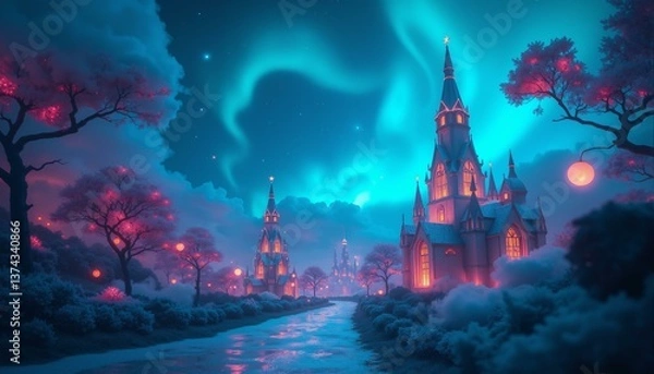 Fototapeta The image depicts a fantastical city with shimmering towers, gleaming domes, and ethereal trees, set against a swirling backdrop of colored gases.