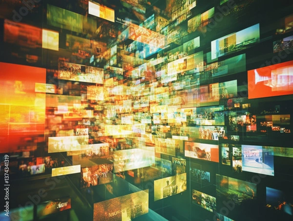 Obraz vibrant digital collage showcasing multitude of floating images, creating dynamic visual experience. colorful display evokes sense of innovation and technology, perfect for media and entertainment