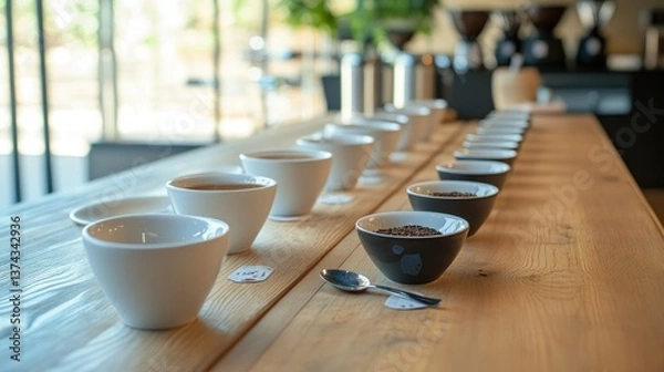 Fototapeta A tasting session setup with cupping bowls, light, medium, and dark roasted coffee samples, and a spoon ready for sampling