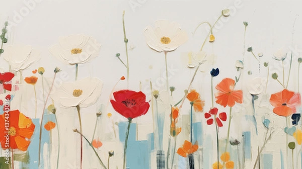 Fototapeta Vibrant Summer Landscape Featuring Minimalist Floral Art with Colorful Blooms