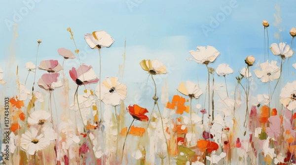 Fototapeta Colorful summer flowers bloom vibrantly under a bright blue sky in minimalist landscape art