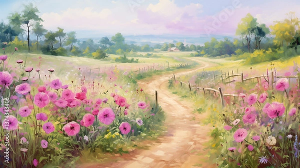 Fototapeta Vibrant summer landscape with wildflowers and a winding path through nature's beauty