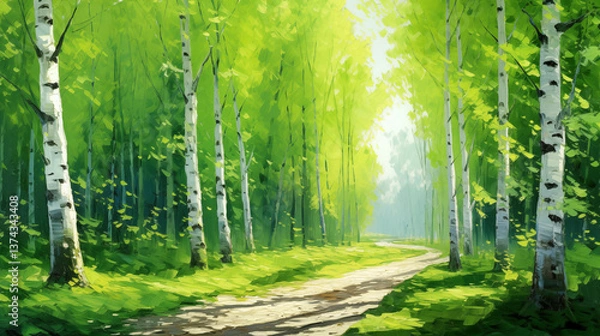 Fototapeta Vibrant summer nature background with lush greenery and a winding path through birch trees