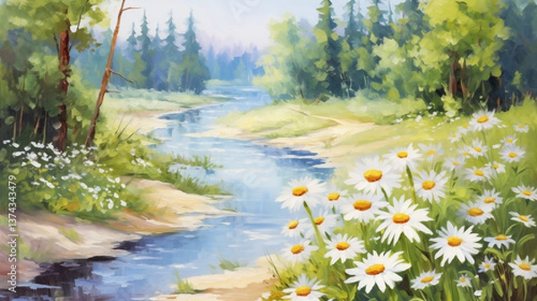 Fototapeta Beautiful summer nature art featuring a serene river and blooming daisies under a clear sky