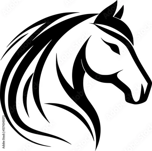 Fototapeta Horse silhouette with flowing mane in black and white style  