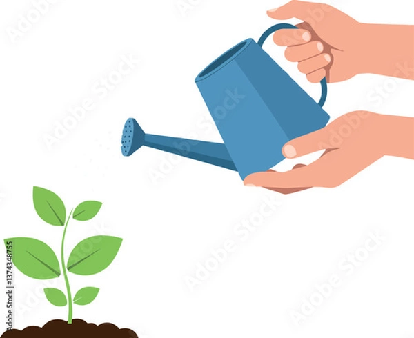 Fototapeta Hands pouring water from a blue watering can onto a small green plant in flat vector art