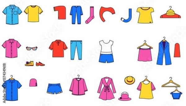 Fototapeta Solid color vector icons of various clothing items including shirts, pants, shoes, socks, shorts, dresses, coats, hats, and hangers, dress,  elements