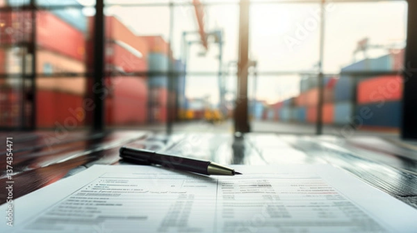 Fototapeta Customs declaration form with handwritten details and stamps, representing import export regulations and global logistics documentation. International trade compliance and shipping paperwork concept.