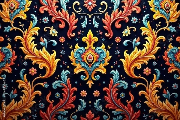 Fototapeta Large-scale damask, bold arabesque shapes in high contrast , interior, visual
