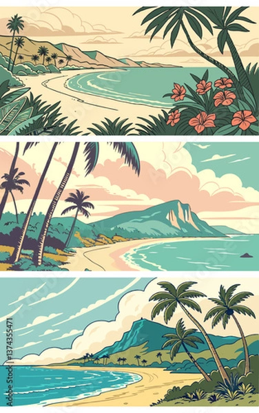 Fototapeta Vintage tropical beach landscape vector set with palm trees, ocean waves, mountains and retro pastel sunset colors