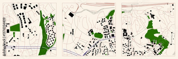 Fototapeta Set of abstract urban map illustrations with black building blocks, green zones, roads and contour lines on neutral background
