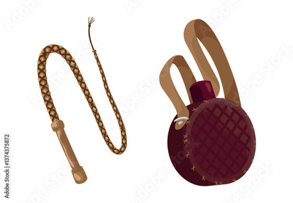 Obraz Illustration featuring a coiled brown leather whip and a round maroon canteen with leather straps