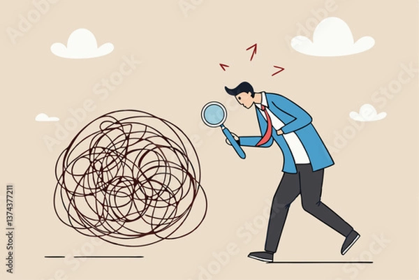 Fototapeta Analyze problem finding solution or opportunity, look for details to solve problem, discovery or search, root cause analysis or troubleshooting concept, businessman analyze mess with magnifying glass.