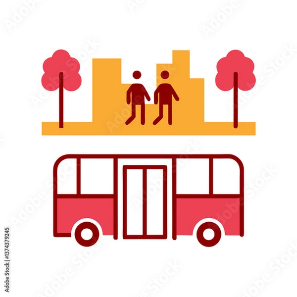 Fototapeta Two people walking near bus and city buildings in flat style, AI Generation