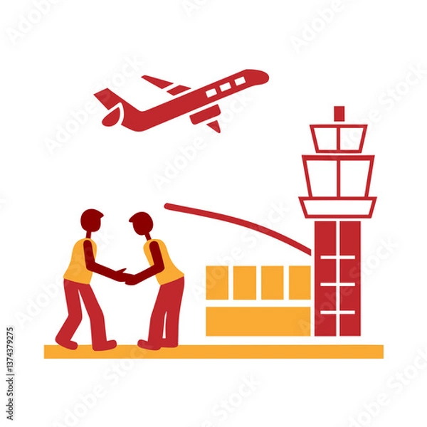 Fototapeta Two people saying goodbye at airport with airplane and control tower, AI Generation