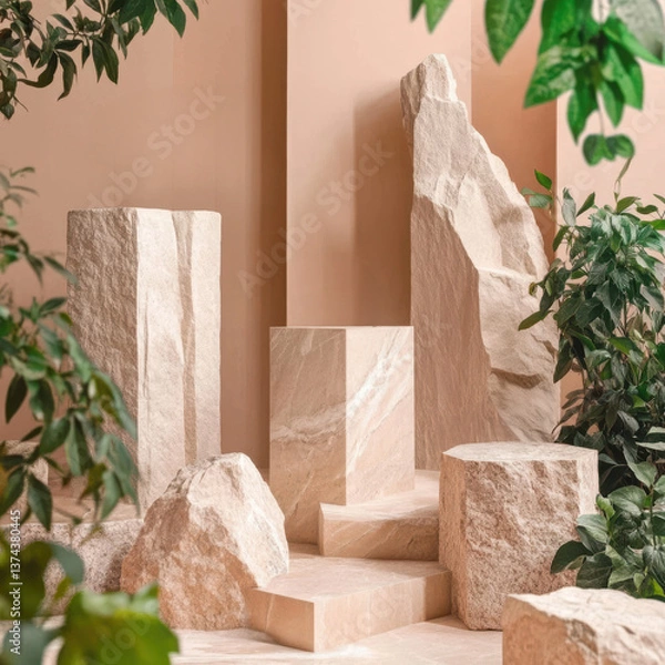 Fototapeta The product is showcased on a trendy pedestal, surrounded by a clean, modern setting. With a backdrop of natural stone and a minimalist design, the exhibit creates a sophisticated atmosphere.