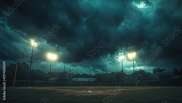 Fototapeta Moody night scene at a baseball field under a dramatic, dark sky. The bright stadium lights illuminate the empty field.