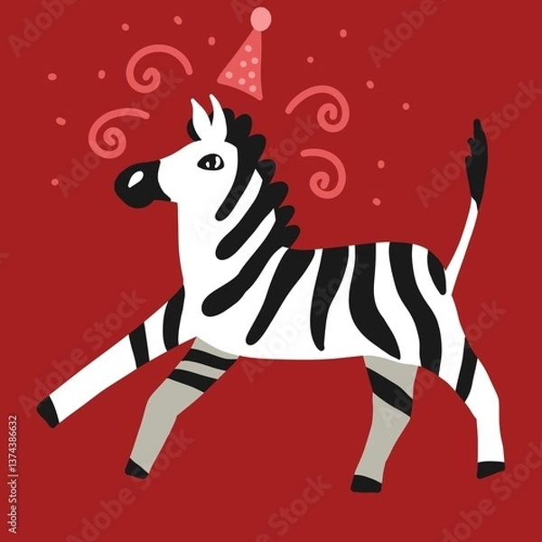 Fototapeta Fun and festive illustration of a zebra wearing a party hat with decorative swirls on a red background. A joyful and playful design perfect for kids’ birthday themes, animal party decor
