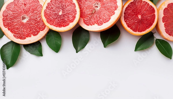 Fototapeta Gapefruit season mockup, summer theme border, with free space for text. White plane background, fruit and leaves on the upper side the frame.
