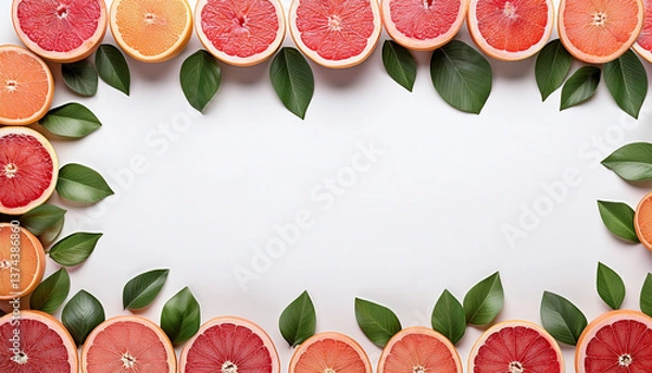 Fototapeta Gapefruit season mockup, summer theme border, with free space for text. White plane background, fruit and leaves around the frame.