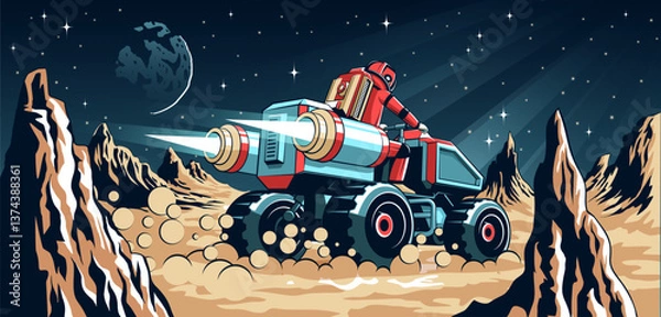 Fototapeta Space explorer drives a futuristic vehicle across a rocky alien landscape under a starry sky. Vector comics style