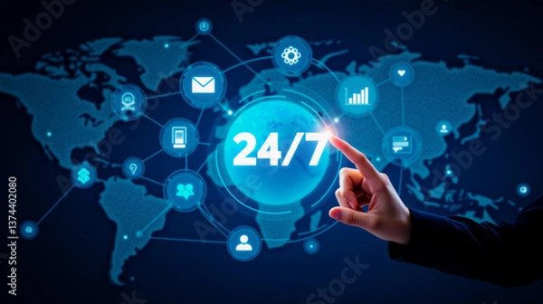 Fototapeta 24/7 global digital services with interactive connection network and world map