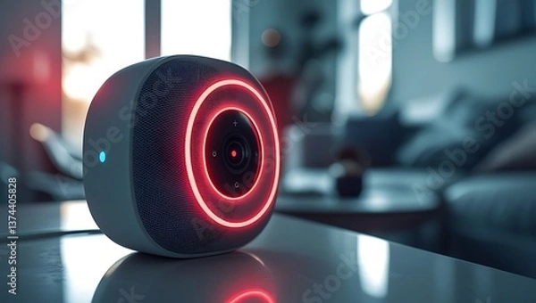 Fototapeta A Smart Home Device with a Glowing Red Ring, Indicating IoT Vulnerability and Cybersecurity Threats

