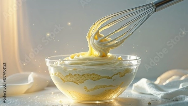 Obraz Creamy Cake Batter Mixing With Whisk In Glass Bowl.