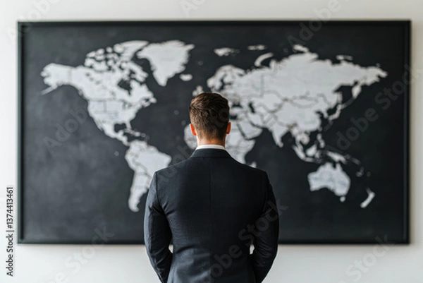 Fototapeta A man stands contemplatively in front of a world map on a blackboard.