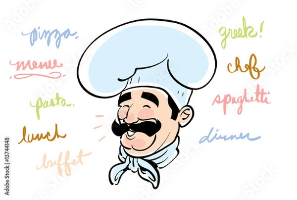 Obraz vector chef script words: pizza, menu, buffet, chef, spaghetti