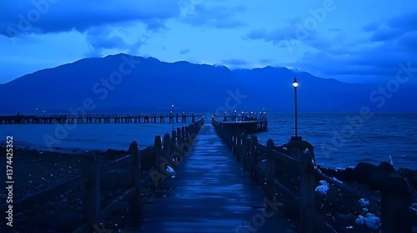 Fototapeta Tranquil boardwalk pier at dawn, moody blue tones, mountains in background, possible use for relaxing images