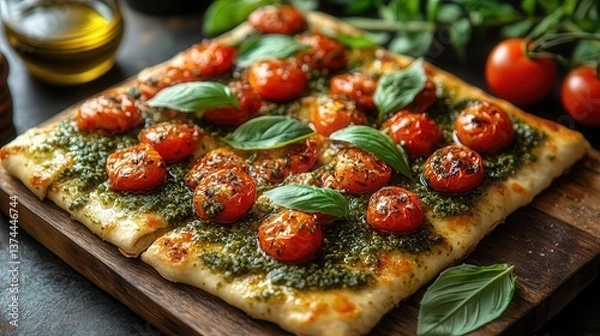 Obraz Pesto Flatbread With Tomatoes And Basil Leaves On Rustic Board
