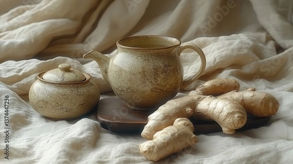 Obraz Rustic Teapot And Ginger Arrangement On Linen