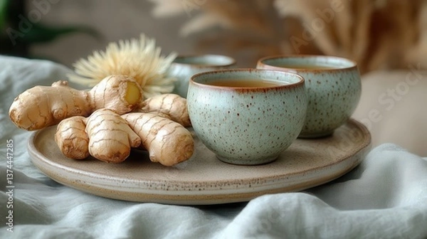 Obraz Ginger Tea Cups With Flower On Tray