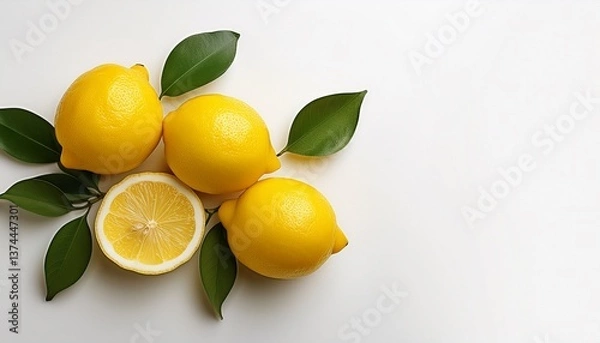 Fototapeta Lemon season mockup, summer theme, free space for text. White plane background, fruit and leaves, flat lay.