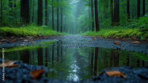 Fototapeta Forest Path After Rain With Puddle Reflection In Misty Light