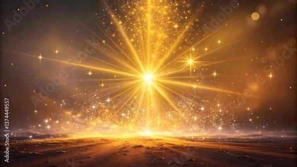 Fototapeta Radiant Golden Burst Illuminating a Tranquil Evening Landscape With Sparkling Effects and Cosmic Ambiance