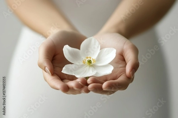 Fototapeta female intimate health, close-up of hands holding a flower symbolizing growth and healing, set against a bright, clean background with space for copy