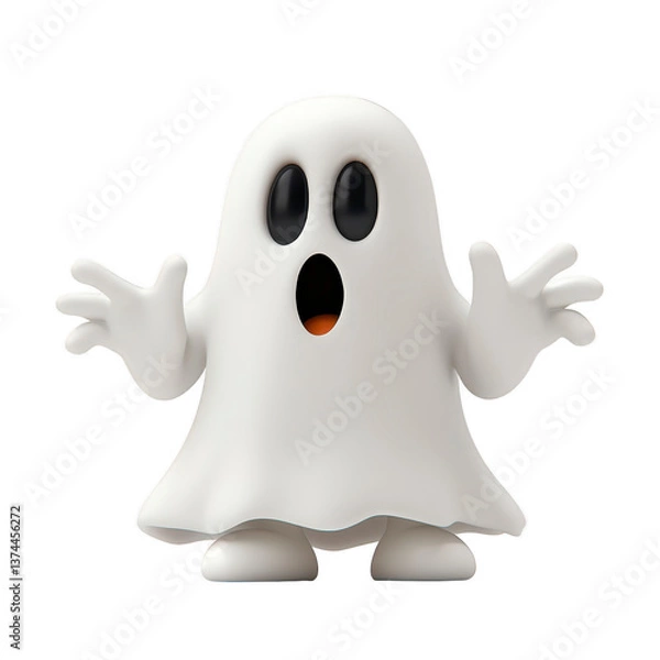 Fototapeta A cute cartoon ghost with surprised expression stands with arms outstretched, featuring classic white sheet design and large black eyes. playful character evokes sense of fun and whimsy