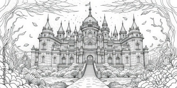 Fototapeta  海底龍宮：龍王領域線條畫 龍王海底龍宮的細緻線條畫，展示了其奇幻的建築和海洋生物。