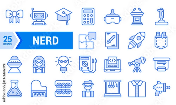Fototapeta 25 Blue Line Icons Representing the Stereotypical Nerd.