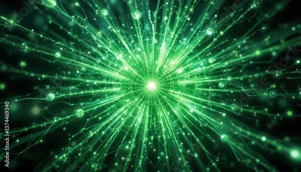 Fototapeta Abstract Green Light Burst with Particles and Energy Waves