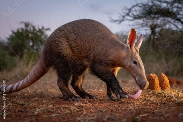 Fototapeta Aardvark in natural habitat at sunset exploring termite mound