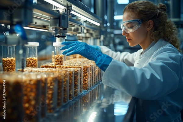 Fototapeta Female researcher in lab coat working with dried insect larvae on automated packaging line in modern biotech facility