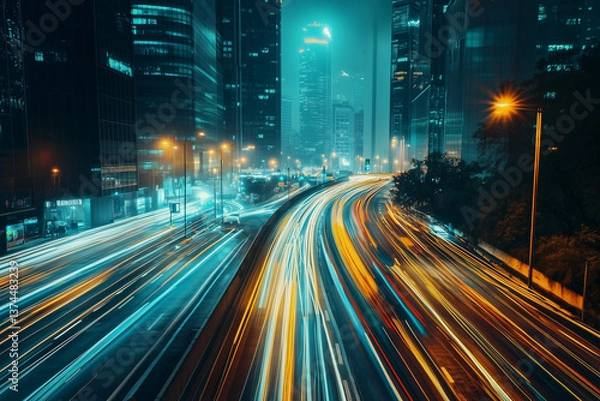 Fototapeta Night Cityscape with Light Trails from Traffic and Modern Architecture