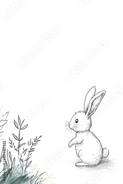 Fototapeta This charming illustration features a cute rabbit seated next to verdant plants, showcasing a delightful blend of nature and innocence in a whimsical, minimalist design.