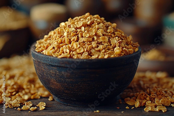 Fototapeta Golden mealworm protein flakes in rustic wooden bowl on wooden surface, close-up showing sustainable alternative protein ingredient