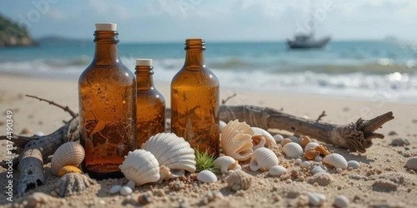 Fototapeta  Textured Amber Glass Bottles with Seashells and Driftwood